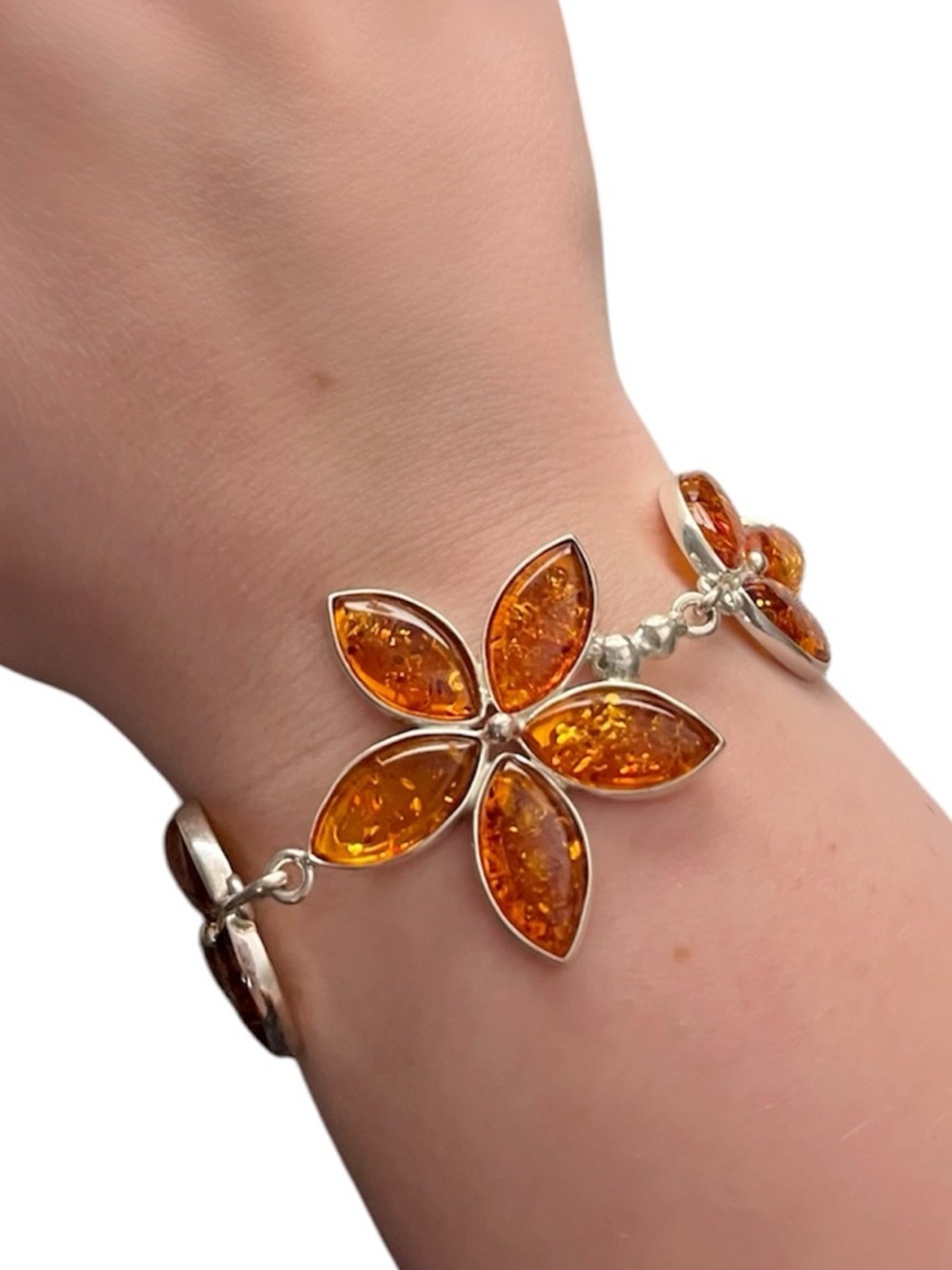 Genuine Baltic Amber Flower Bracelet 925 Sterling Silver